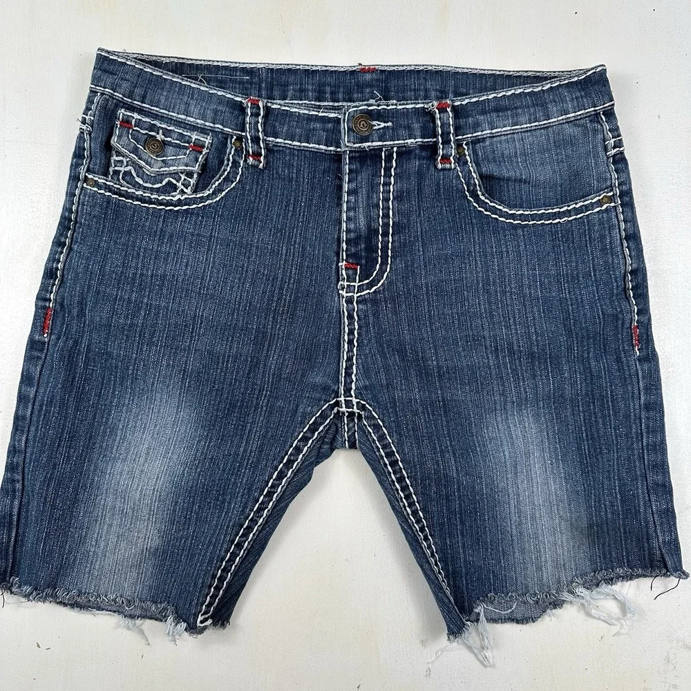 True Religion Jean Shorts Womens 32 Blue Jorts Flap Pockets Stretch Cut Offs USA